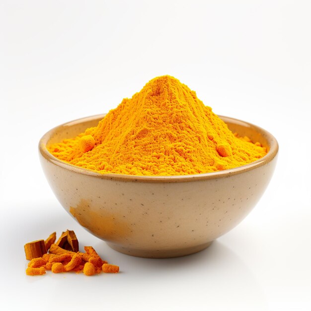 Finely dried Turmeric powder in wooden bowl and spoon