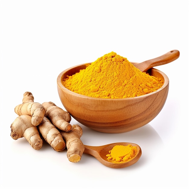 Polvere di curcuma finemente asciugata in ciotola e cucchiaio di legno