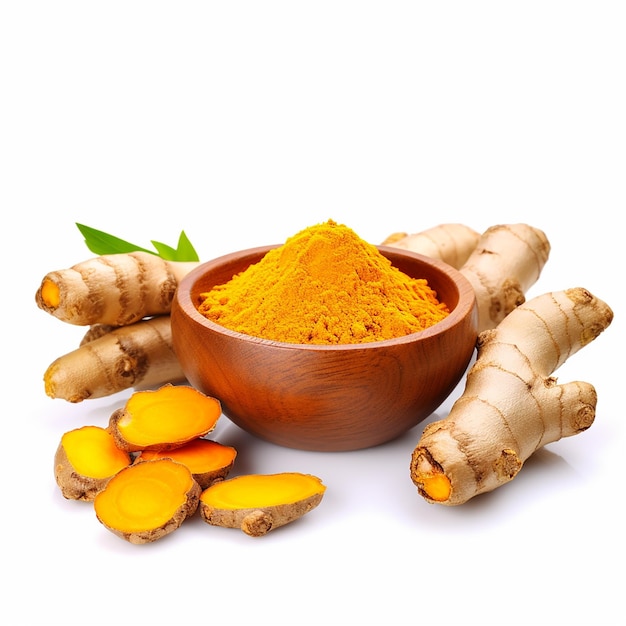 Finely dried Turmeric powder in wooden bowl and spoon