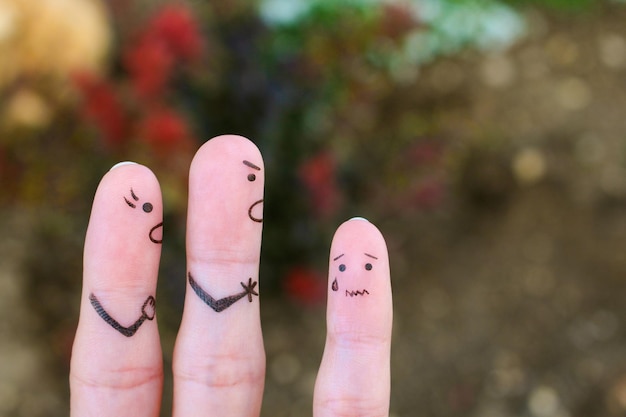 Finger art of family during quarrel The concept of parents scolded her daughter she was crying