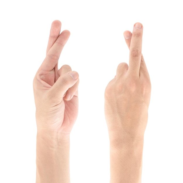 Photo finger cross hand gesture isolated on white background, clipping path included.