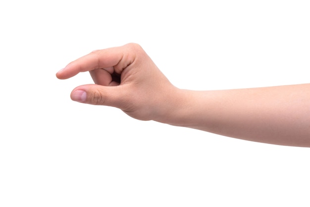Жест пальца одного человека означает маленький щепотку изолированного на белой стене
