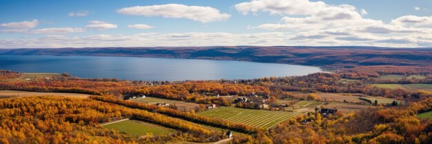 Photo finger lakes aerial panoramic view of fall foliage surrounding seneca lake wineries upstate nys