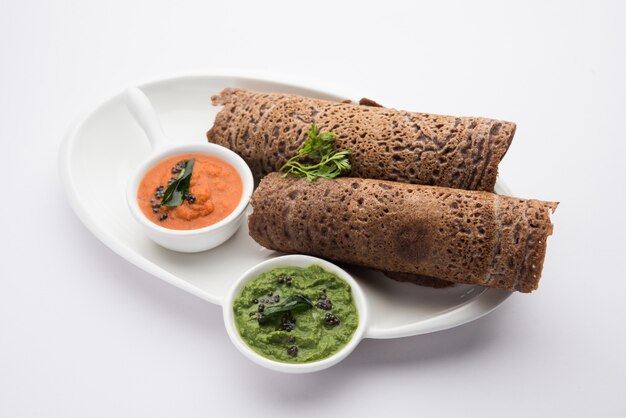 Finger Millet orÃÂ Ragi DosaÃÂ is a healthy Indian breakfast served with chutney, in roll, flat or cone shape