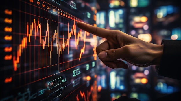 Finger points to a financial chart showing the rise in prices of investments AI generated