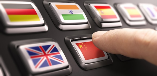 Finger pressing multilingual translation buttons with different flags and choosing chinese language. Composite image between a hand photography and a 3D illustration.