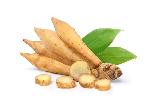 Finger root rhizome with slices and leaves  isolated on white background.