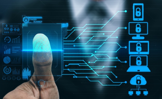 Foto tecnologia di scansione digitale biometrica dell'impronta digitale. interfaccia grafica che mostra il dito dell'uomo con l'identificazione della scansione della stampa. concetto di sicurezza digitale e accesso ai dati privati tramite scanner di impronte digitali.