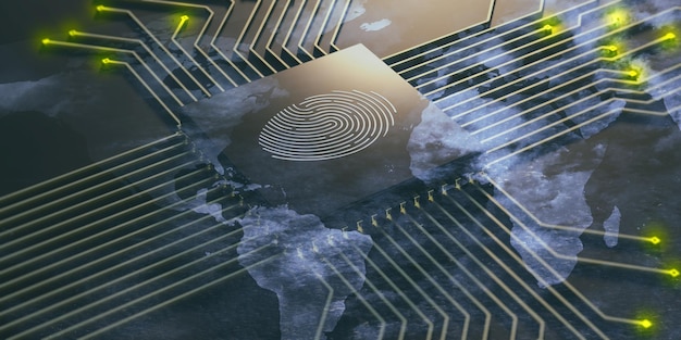 Fingerprint on an electronic circuit digital authorization id\
concept 3d illustration