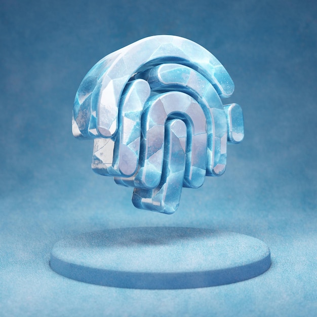 Fingerprint icon. Cracked blue Ice Fingerprint symbol on blue snow podium. Social Media Icon for website, presentation, design template element. 3D render.