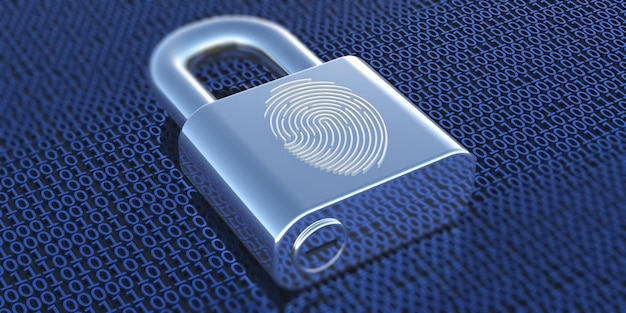 Fingerprint on a padlock binary code background digital\
identification id concept 3d illustration