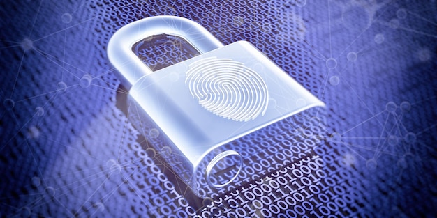 Fingerprint on a padlock binary code background Digital identification id concept 3D illustration