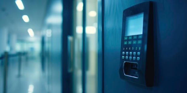 Fingerprint Scan Access Control System Machine Mounted on Wall Near Office Entrance Door