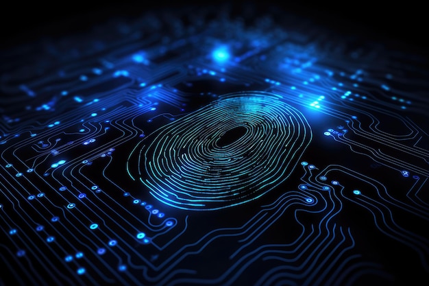 Сканирование отпечатков пальцев на электронной плате 3D-рендеринг Сканирование отпечатков пальцев обеспечивает безопасный доступ с биометрической идентификацией Сгенерировано AI