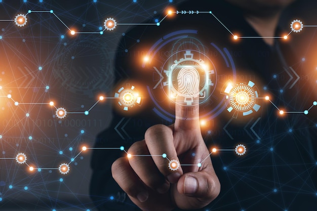 Foto la scansione delle impronte digitali fornisce l'accesso in sicurezza con l'identificazione biometrica scansione delle impronte digitali di nuova tecnologia per sbloccare i bigdata e la strategia dei processi aziendali gestione delle modifiche della trasformazione digitaleiot