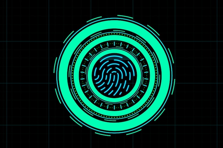 फोटो fingerprint scanner interface with neon blue lights on a dark grid background