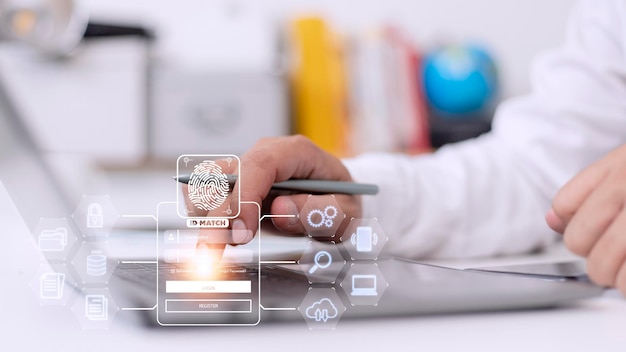 個人データにアクセスするための生体認証の指紋スキャンと生体認証処理 デジタル プログラムのセキュリティ スキャンとサイバー未来アプリケーション