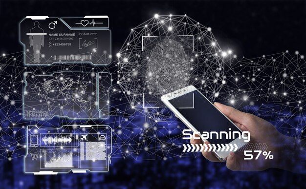 Fingerprint scanning of biometric identity and approval. hand\
hold white smartphone with digital hologram fingerprint sign and\
collage with data charts on virtual screen on city dark blurred\
back.