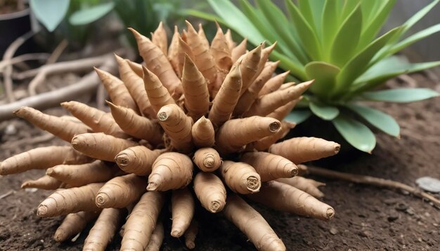 Photo fingerroot chinese ginger chinese key called rhizome with clumps of roots it is a place that collects food succulents cylindrical shape with a slender tip