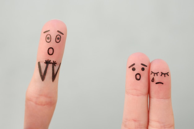 Fingers art of family during quarrel. Concept children remained with father, kids are crying.