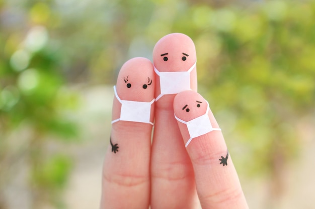 Fingers art of family with face mask.