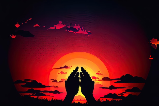 Fingers of hands at dusk silhouette sunset sky Generative Ai