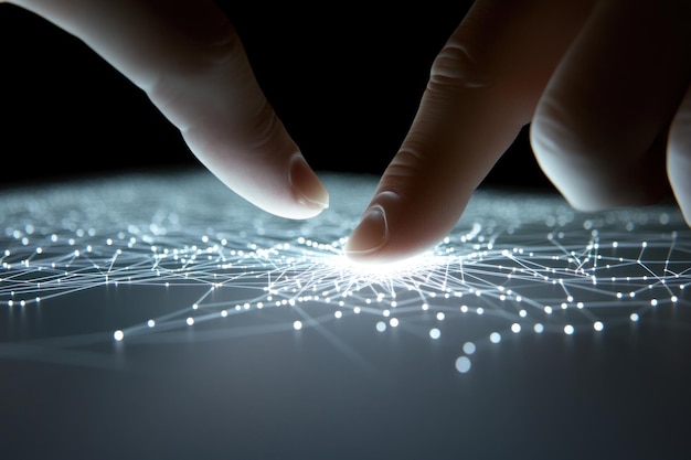 Fingers interacting with glowing digital network on a dark surface