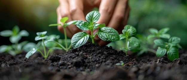 Fingers planting an herb garden