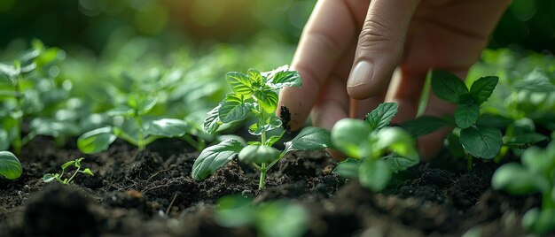 Photo fingers planting an herb garden