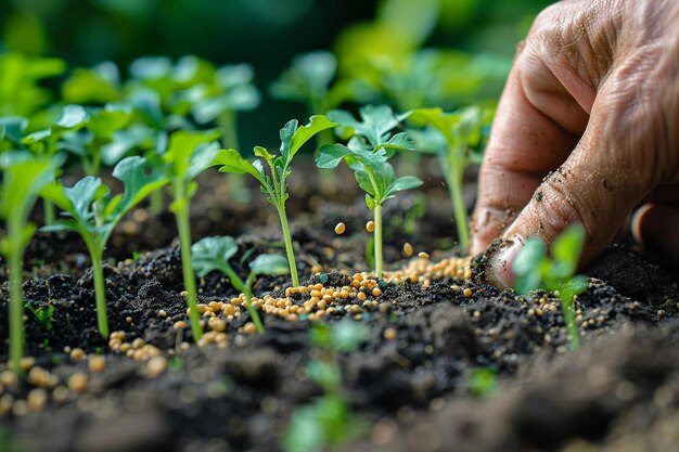 Photo fingers sowing seeds into the soil depicting agriculture