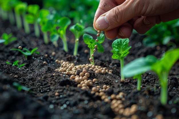 Photo fingers sowing seeds into the soil depicting agriculture