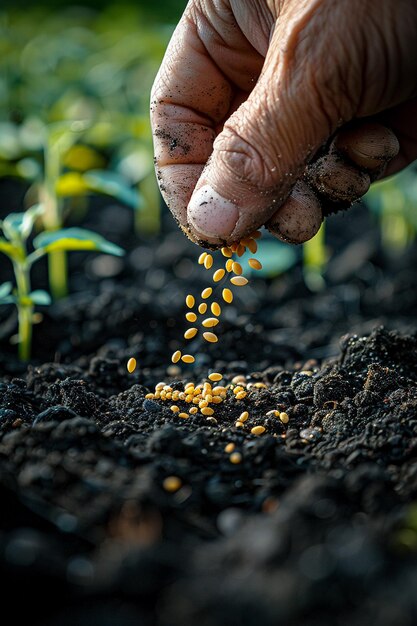 Photo fingers sowing seeds into the soil depicting agriculture