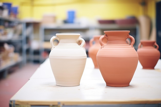 Finished clay pots in a row at a ceramic studio
