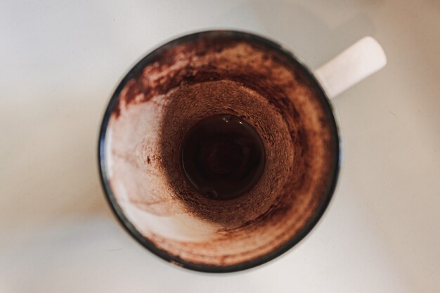 Finished empty hot cocoa in a mug served in a cafe