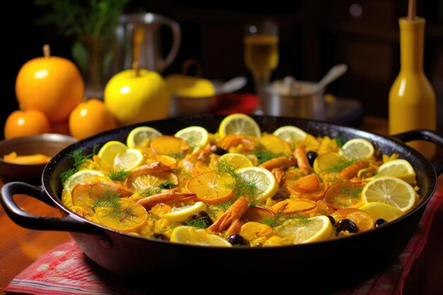 Finished paella dish with lemon wedges on top