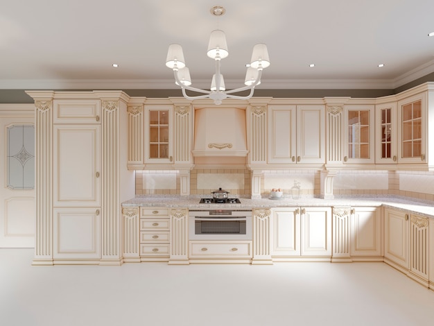 Finished project of classic kitchen with wooden details and marble floor, luxury light  interior design, 3d rendering