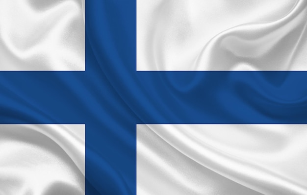 Finland country flag on wavy silk fabric background panorama - illustration