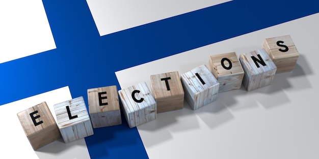 Finland elections concept wooden blocks and country flag 3D illustration