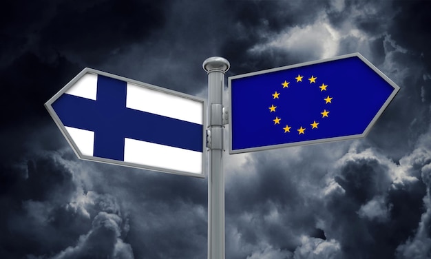 Finland and European Union guidepost Moving in different directions 3D Rendering