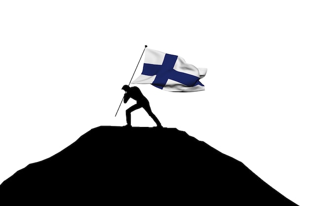 Finland flag being pushed into mountain top by a male silhouette 3D Rendering