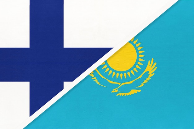 Финляндия и Казахстан - символ страны. Финские и казахстанские национальные флаги.