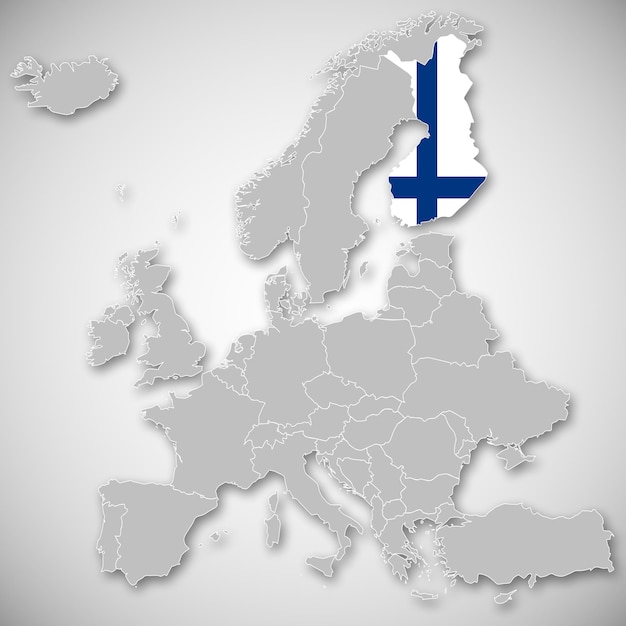 Finland landsgrenzen en vlag geselecteerd op kaart van Europa