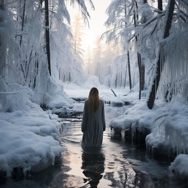 FINLAND WINTER FOREST AND BEAUTY FINNISH WOMAN WITH LONG HAIR AI generatieve