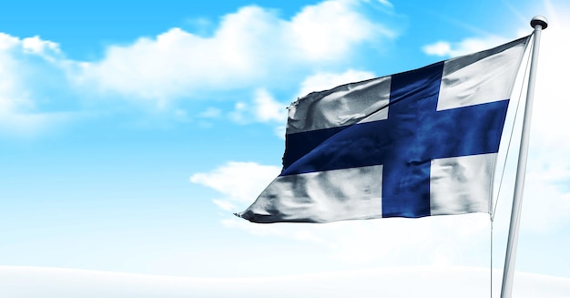 finland wuivende 3D render Vlag, op een blauwe hemelachtergrond. - afbeelding