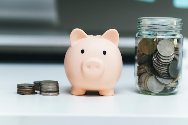 Photo finnace , saving money and investment concepts. piggy bank and coin.