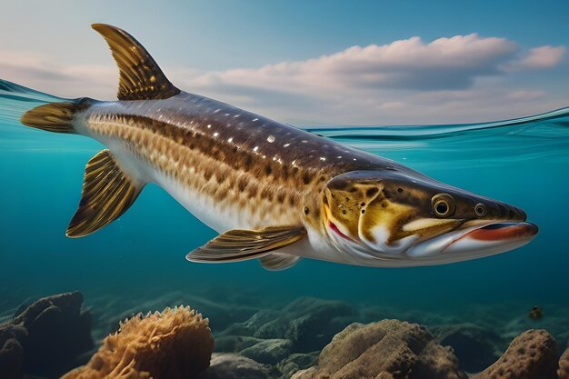 A finned fish swims in water surrounded by natural landscape and marine biology