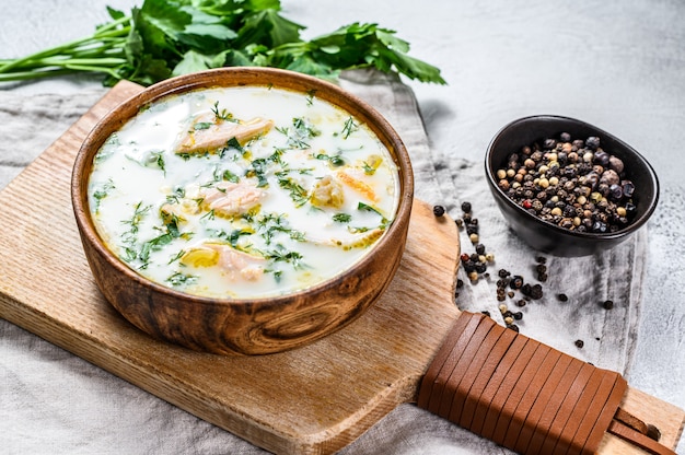 Finnish Creamy Fish Soup with Salmon and Potatoes. , top view.