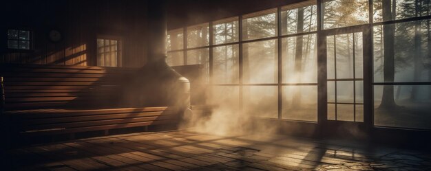 Photo finnish sauna classic wooden sauna with hot steam spa relax complex panoramatic window generative ai