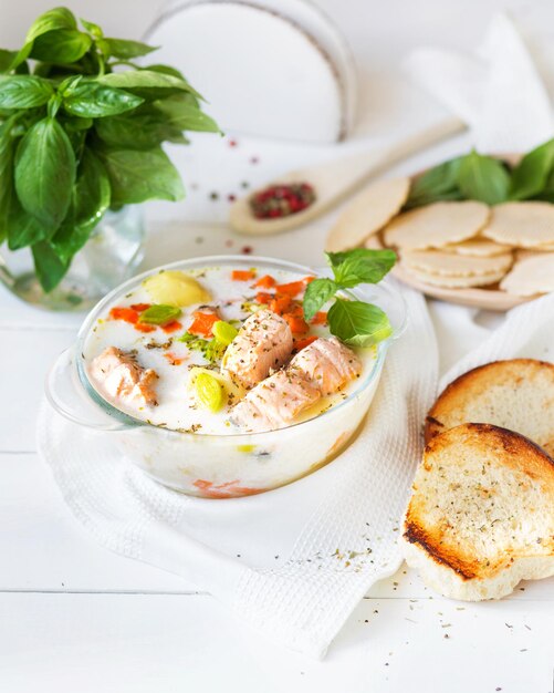 Финский суп с лососем Сливочный суп с форелью-пореем и базиликом Финская кухня Северная кухня