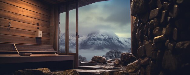 Foto sauna finlandese in legno in montagna generative ai